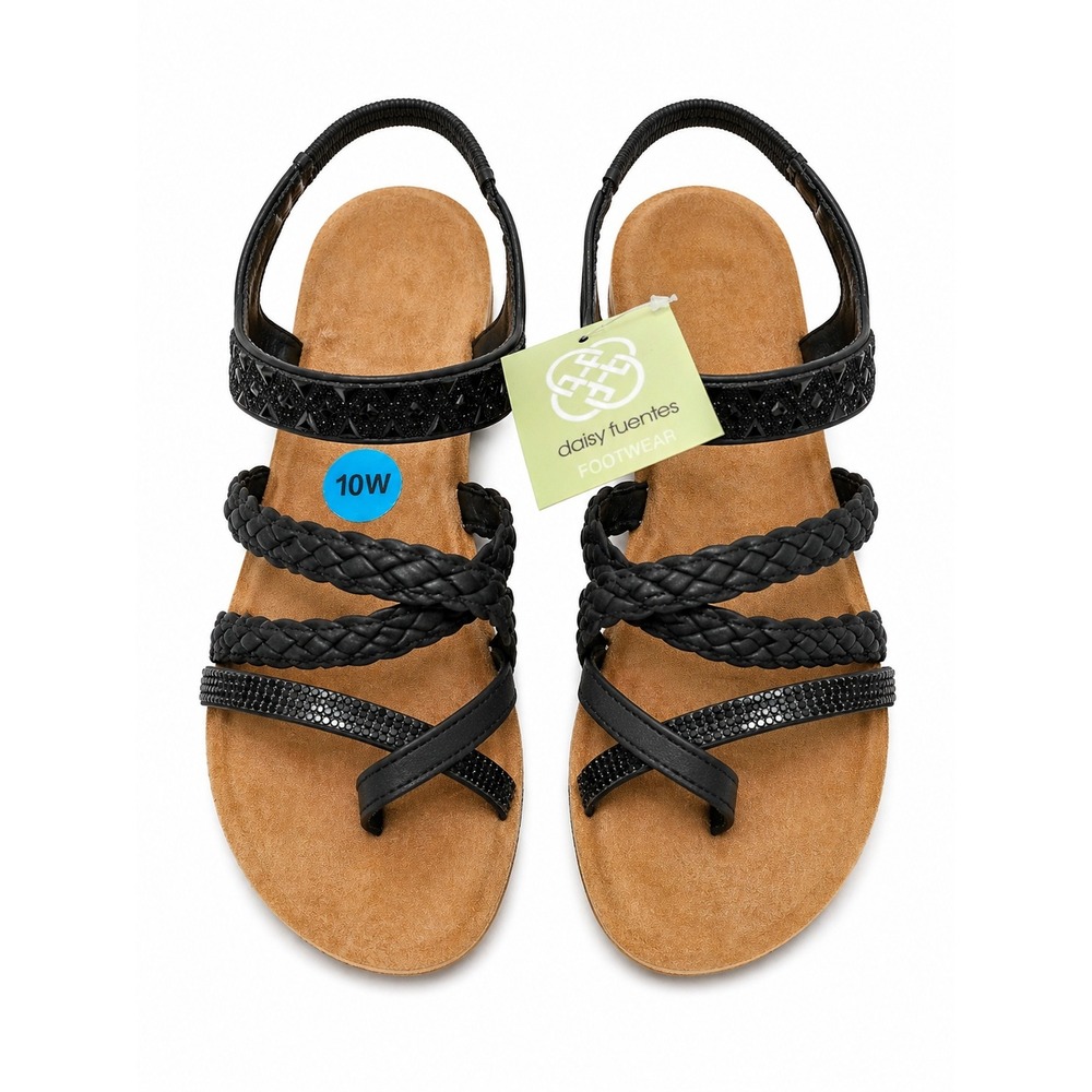 Daisy Fuentes Black Braided Rhinestone Wedge Sandals Women's Size 10W New